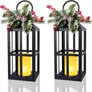 LED 불꽃 없는 양초 소나무와 홀리 베리 홀리데이 테이블탑 또는 현관 장식 배터리 작동 크리스마스 조명이