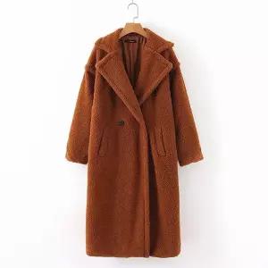 퍼 코트 와이드 카라 사선 입술포켓 롱 페이크퍼 테디베어 코트 M