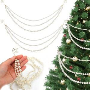 크리스마스 트리를 위한 퀸레이 2팩 20인치 진주 갈랜드 트리 3겹 구슬 장식 인공 벽난로 맨텔 DIY 공예 휴일 겨울 홈 데코
