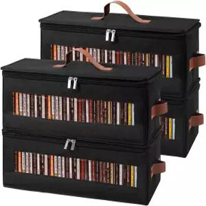 투명 창이 있는 Qozary 4팩 CD 보관함 - 150개의 보석 케이스 DVD 및 블루레이용 스태커블 미디어 보관