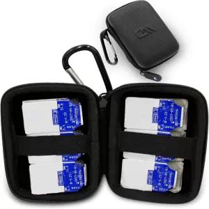 카라비너에 클립이 장착된 컴팩트 양면 보관 케이스에 12개의 일일 일회용 콘택트렌즈를 장착한 CASEMATIX