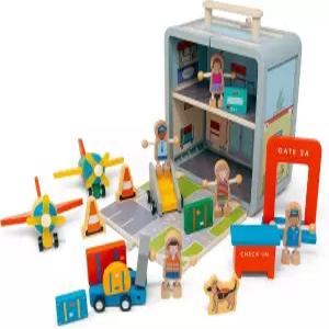 잭 래빗 크리에이션즈 - 공항 여행 가방 놀이 세트 3세 이상용 19피스 휴대용 나무 장난감 FSC 인증 무독성