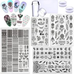 보헤미안 스타일 네일 스탬핑 플레이트 5종 세트 기하학적 아트 템플릿 및 실리콘 프렌치 팁 스탬퍼 키트
