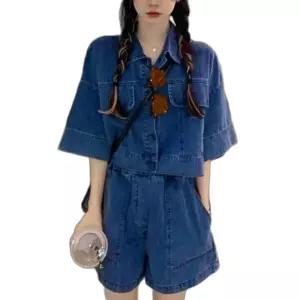 여성 여자 여름 봄 빈티지 진 청 데님 크롭 자켓 반바지 투피스 세트 여행룩