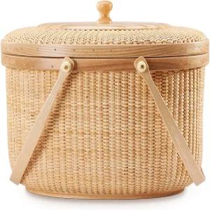 Teng Jin 낸터킷 재봉 상자 등나무 짜임 단단한 물푸레나무 타원형 뚜껑 및 나무 손잡이 포함