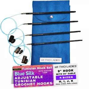 나의 두 여성 블루 실크 튀니지 조절 가능한 크로셰 후크 세트 케이스 9인치 나무 24인치 프리미엄 회전식