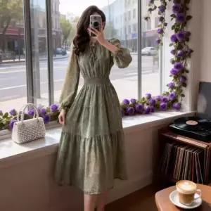 스커트 원피스 여사친 빈티지 프렌치 넥 필수템 춘추 벌룬 프린트 슬림핏 소매 밴딩 쉬폰 허리 인기3