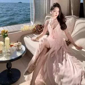 여성용 원피스 핑크 필수템 쉬폰 해변 바캉스 포토 홀터넥 센세이션 멜빵 끈 비치 트임 롱스커트 인기1