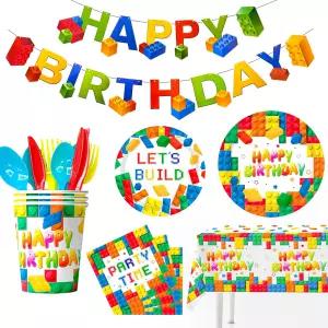 129개의 빌딩 블록 파티 장식 16명의 게스트 식기 세트 접시 냅킨 컵 테이블보 배너 컬러풀한 생일 장식용