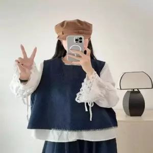 세군다 여자 조끼 캐주얼 솔리드 데님 라운드 빈티지 민소매 풀오버 나시 DOS1