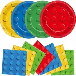 Wioofen 96개 빌딩 블록 생일 파티 장식 종이 접시 냅킨 벽돌 테마 일회용 식기 컬러풀 빌드 샤워 테이블