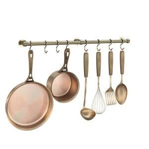 ROTHLEY 스테인리스 스틸 걸이식 냄비 랙 행거: 59.9cm(23.7인치) 및 팬 행거 벽걸이 바 튼튼한 주방 레일 8개의 S 후크 포함 (앤티크 황동)