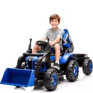 4-in-1 부착물이 있는 24V 전기 라이드 온 트랙터 - 굴삭기 덤프트럭 불도저 리모컨 3단 조절 가능 음악 및