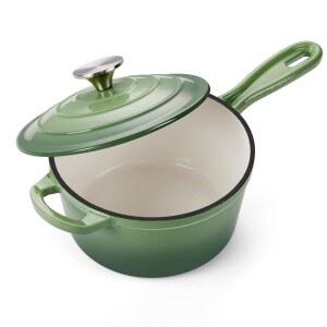 오나더 주철 소스 팬 냄비 뚜껑 달린 2QT 작은 에나멜 네덜란드 오븐 요리 주방 타치오 그린
