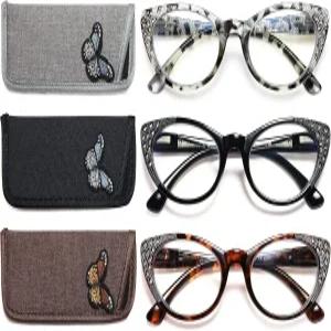 라인스톤이 있는 여성용 블루라이트 차단 컴퓨터 리더기용 유알 3팩 고양이 안경 스프링 힌지가 자외선 1.0