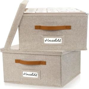 ZICoto 장식 파일 정리함 상자 2개 세트 - 접이식 린넨 캐비닛 손잡이가 있는 모든 문서 및 걸이식 폴더