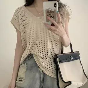 여성 V넥 펀칭 레이어드 니트 조끼 1P 커버업 베스트 얇은니트