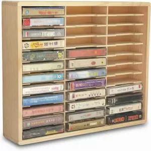 카세트 테이프 보관 랙 우드 홀더 및 재생 카드 보관용 벽걸이/독립형 오디오 정리함(중형)