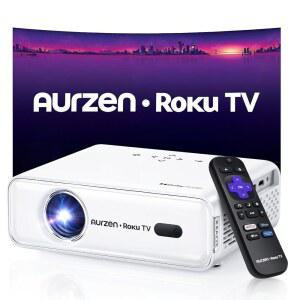 WI FI 블루투스가 포함된 AURZEN 프로젝터 스트리밍 키스톤 휴대용 포커스 경험 1080P 영화 ROKU TV 오토 화이트 돌비 내장 야외 FHD 미니 스마트 오디오