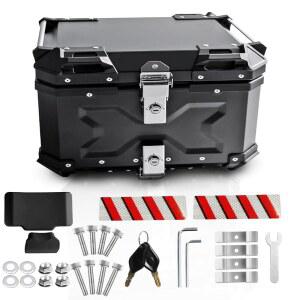 YESHMA 개선품 바이크 리어박스 65L 바이크용 대용량 탑 케이스 알루미늄제 사각형 오토바이 박스 범용 착탈이 간편하고 부착 베이스가 포함되어 방범 대책용 열쇠 2개 백레스트 포함 헬멧 수납 블랙