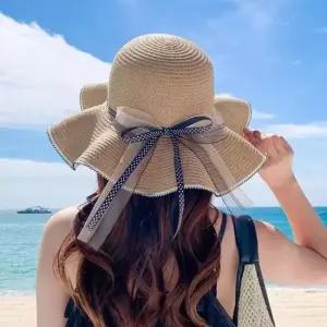 여름벙거지모자 여성 바캉스 땡땡이 리본 라피아햇 휴양지 사파리햇