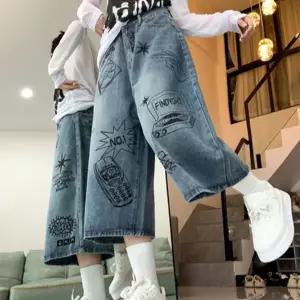 여성 데님 팬츠 루즈핏 스트릿 그래피티 여성 7부 청바지 여름