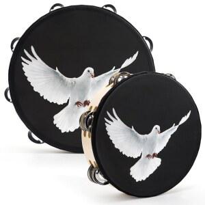 엘조이 교회 합창단을 위한 2개의 탬버린, 10인치 및 8인치 블랙 도브 탬버린 세트, 이중 줄 징글, 나무 핸드벨 핸드클랩 드럼 타악기 포함