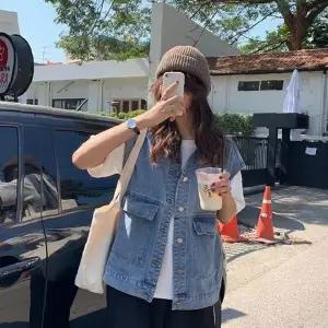 데님 조끼 베스트 오버핏 박스핏 민소매 봄 가을 캐주얼 레이어드 데일리 아우터