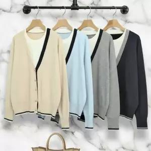 아트박스/신상오픈런 여성 루즈핏 레이온 혼합 배색 니트 가디건