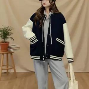 여성 트렌디 배색 기모 루즈핏 바시티 점퍼