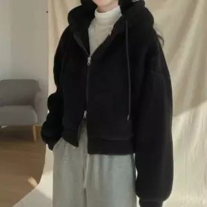 여성용 양털 후드 크롭 자켓 데일리 뽀글이