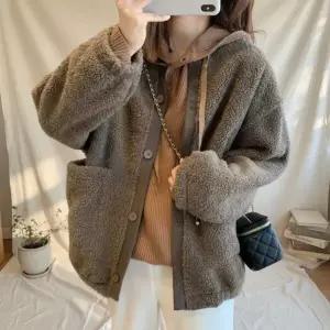 여성 빅사이즈 U넥 뽀글이 주머니 자켓