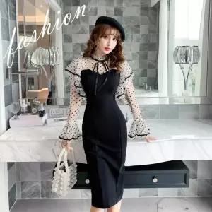 에네로 여성용 원피스 망사 가을 봄 하객 네임 드레스 프렌치 플레어 UNO3