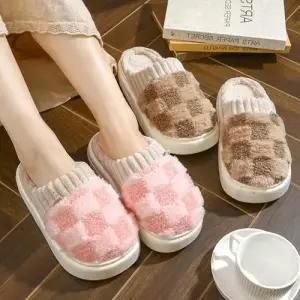 남녀공용 겨울 보들보들 체크포인트 방한 털실내화 WFFNJ8O