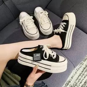 프린팅 뮬 라벨지 통굽 키높이 여성 스니커즈 WFFPMVQ