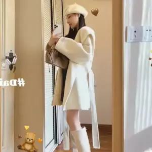 여성 베이지 모직 데일룩 프렌치 후드 스트링 망토 잠바 집업야구항공 코트쇼트 싱글 오리지널 코트 DAOL1