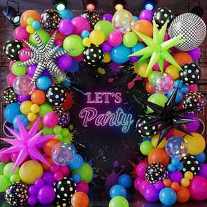 옐로우 핫 핑크 라임 그린 오렌지 블루 네온 벌룬이 포함된 벌룬 아치 갈랜드 키트, 80년대 90년대 디스코 생일 파티 장식, 렛츠 글로우 파티, 로큰롤 용품