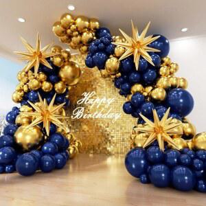 PTGOLUO 네이비 블루 벌룬 아치 갈랜드 키트 153개 별 포함, 22 18 12 10 5인치 다양한 사이즈 메탈릭 골드 라텍스 졸업생 생일 파티 장식용