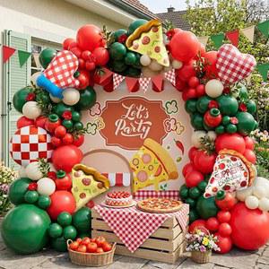 본로핀 피자 파티 풍선 아치 키트, 레드 다크 그린 화이트 라텍스 아치가 있는 장식 체크무늬 및 장갑 생일 게임 밤 이탈리아 테마 장식용 호일