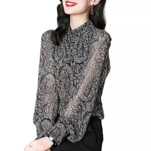 패턴 데일리 여성 정장 시스루 쉬폰 블라우스 간절기 긴팔 봄 상의 가을 셔츠