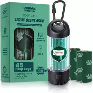 LED 손전등과 45봉지(3롤)가 포함된 똥 메이트 개 봉투 디스펜서 - USB-C 충전식 방수 미끄럼 방지 클립