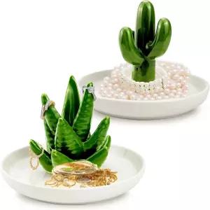 Seukhck 세라믹 링 홀더 접시 2종 세트 - 반지 귀걸이 목걸이용 선인장 및 알로에 주얼리 정리 트레이 홈