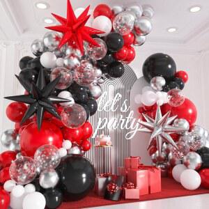 생일, 결혼식, 기념일, 졸업식 포커 카드(18 12 10 5 인치)를 위한 메탈릭 실버 & 색종이 풍선 및 호일 스타 풍선이 포함된 135pcs 레드 블랙 화이트 아치 키트