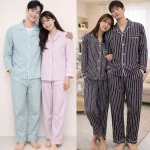 하랑이플 스트라이프 커플 잠옷 파자마 세트 남녀 홈웨어 신혼 커플룩