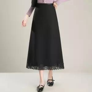 스커트 여성 검정 롱 가을 오피스룩 쉬폰 시폰 레이스 슬림핏 A라인 하이웨스트 BE3