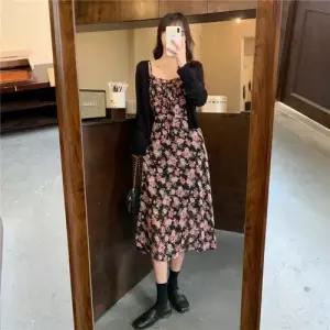 여성 원피스 스커트 니트 블랙 투피스 플라워 하객 민소매 나시 세트 봄가을 빅사이즈 BE3