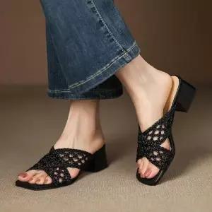 엘럽 여성용 통굽 여름용 샌들 미들힐 슬리퍼 펌프스 오픈토 메쉬 겉에 스트랩 박템5