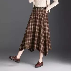 여성 치마 롱 캐주얼 가을 슬림핏 언밸런스 중기장 하객 A라인 체크 admr3