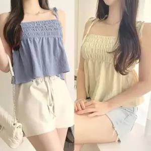 [의류] 나시 뷔스티에 블라우스 리본 프릴 플레어 휴양 GWM