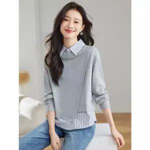 여사친 가을 캐주얼 투피스 맨투맨 티 셔츠 스트라이프 패치 가짜 시크 칼라 탑 ST3